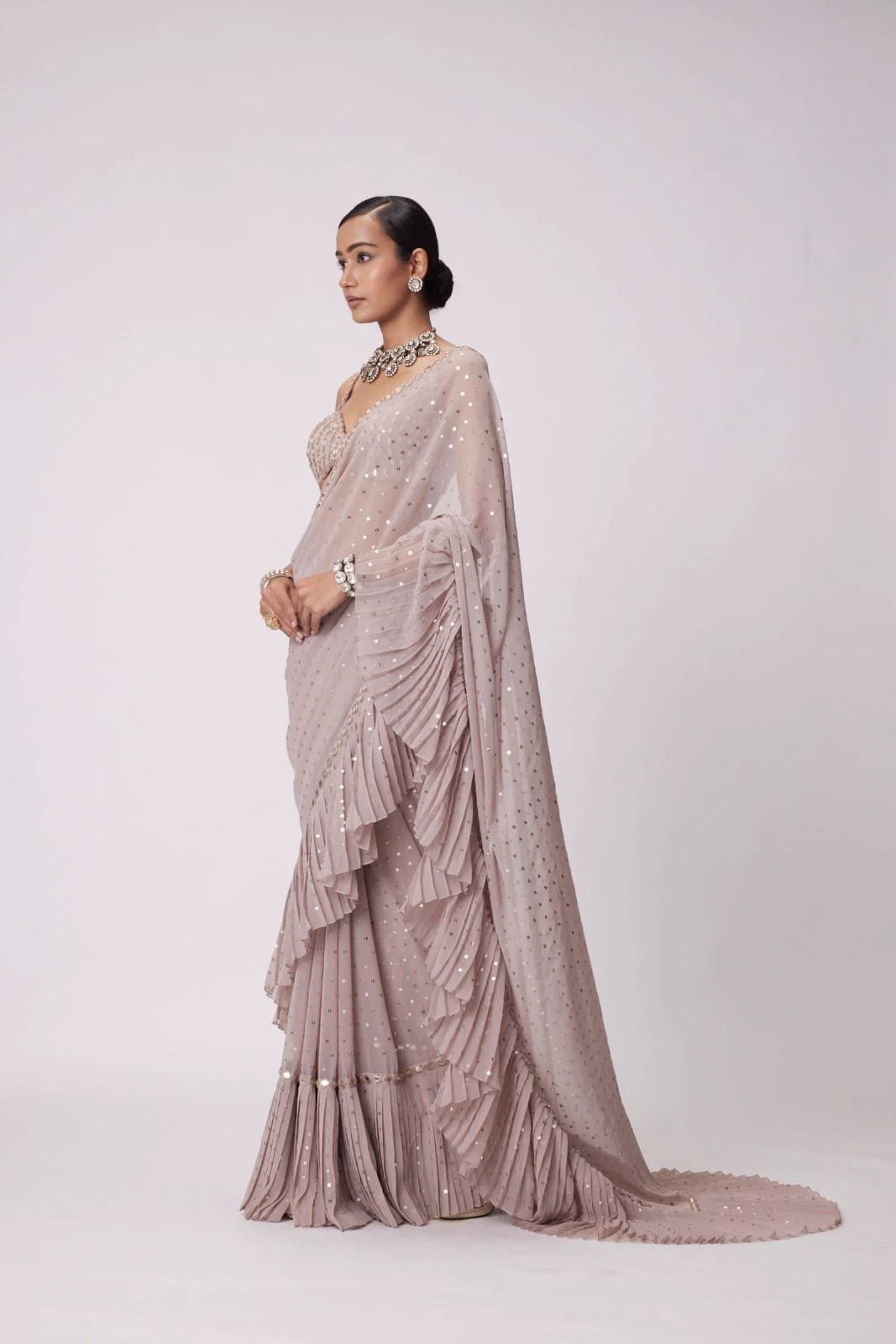 New Bollywood Superhit Faux Georgette Sequin Crush Pleated Saree with Embroidered Mirror Work Blouse image 2