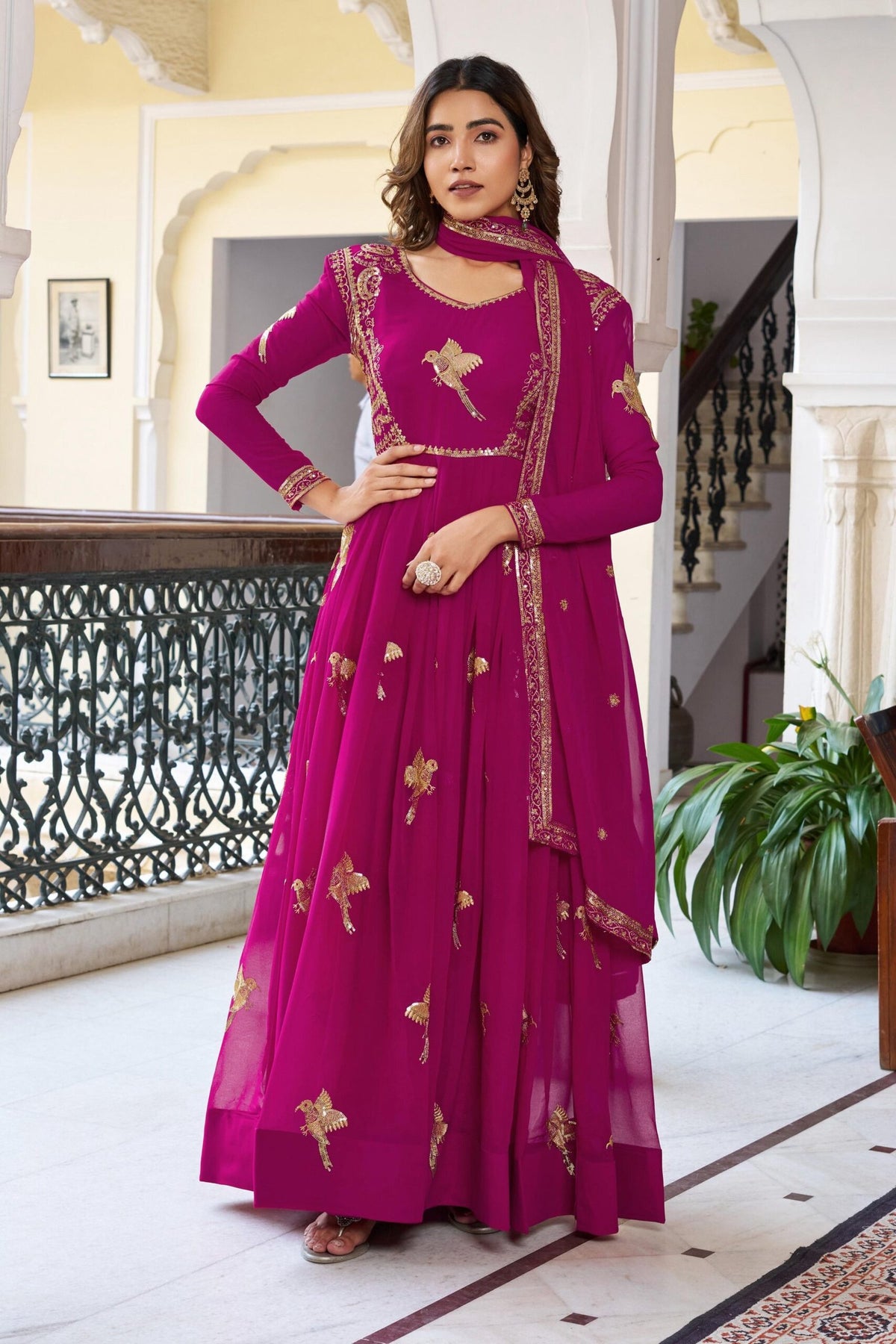 Elegant 3-Piece Faux Georgette Gown Set – Sequins Embellished Gown, Pent & Dupatta image 7