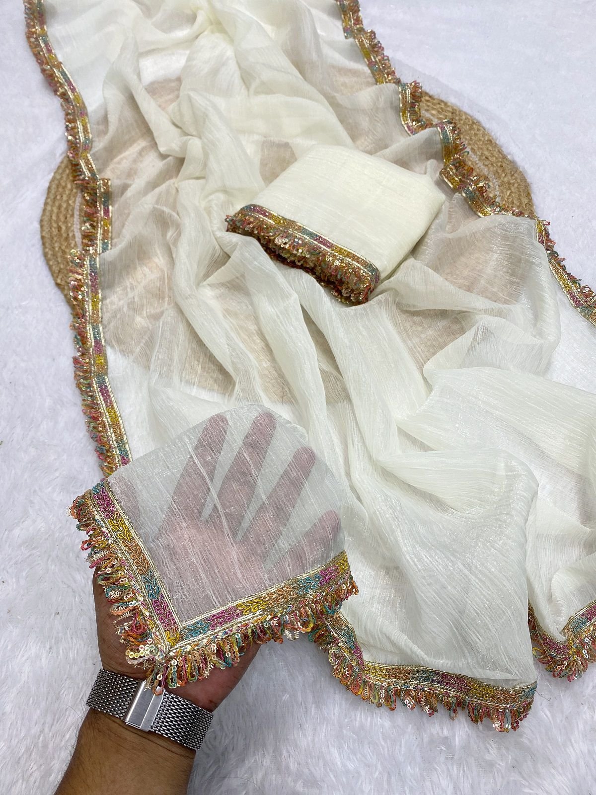 MANALI-Designer Candy Crush Siffon Silk Saree with Elegant Lace Work - Off White image