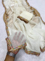 MANALI-Designer Candy Crush Siffon Silk Saree with Elegant Lace Work - Off White image