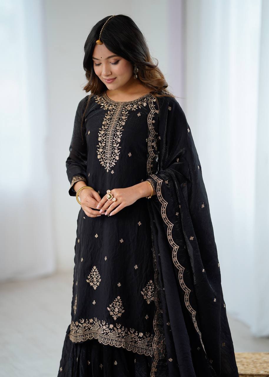 Designer Kediya Kurta & Sharara Set in Soft Crunchy Silk with Embroidery, Jari & Sequin Work image 6