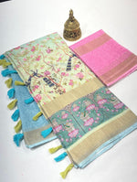Elegant Gold Linen Saree with 3 Weaving Patta & Digital Print | Latkan Detail | With Blouse image 6