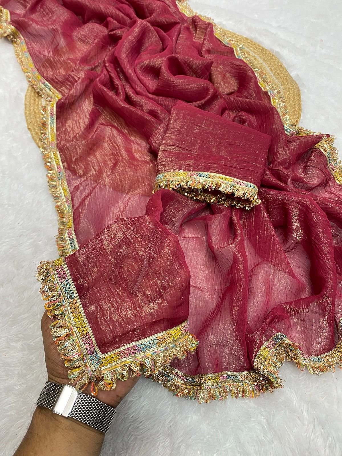 MANALI-Designer Candy Crush Siffon Silk Saree with Elegant Lace Work image 4