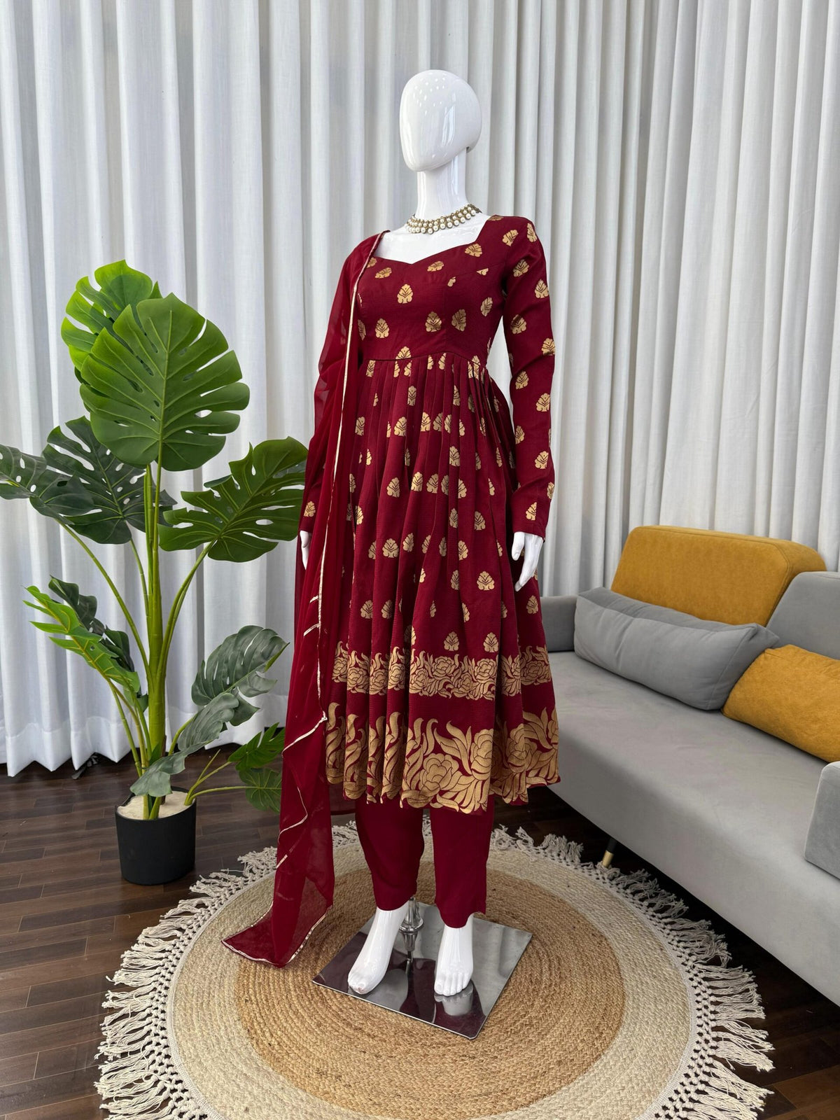 Elegant 3-Piece Anarkali Set – Jequard Anarkali with Micro Cotton Pants & Foux Gorgette Dupatta image 4