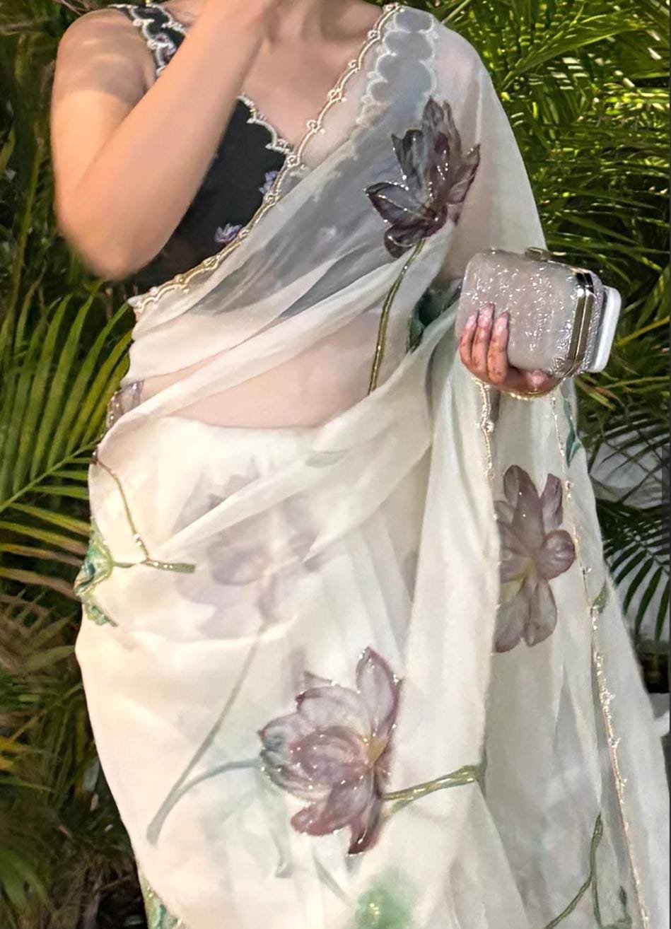 Maskat Pure Soft Tebby Silk Saree with Digital Floral Print & Hand Cutdana-Moti Work image 3