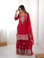 Premium Faux Georgette Embroidered Sharara Set with Dupatta - Red, L image