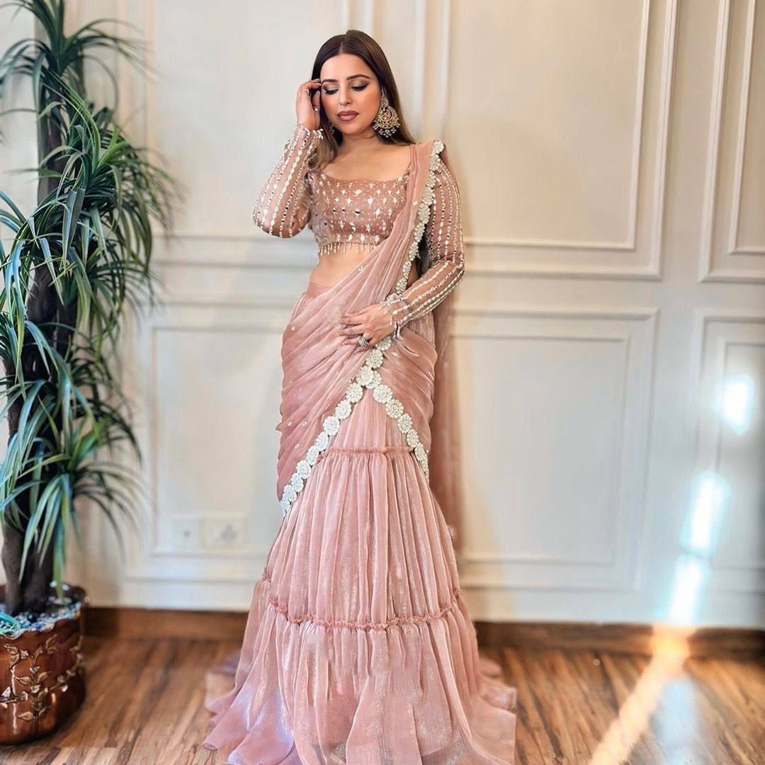 Ready-to-Wear Twill Organza Lehenga Saree with Ruffle Draping & Thread Work image 0