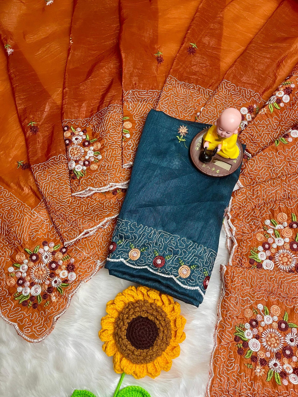 Maya Sarees – Premium Paper Crush Silk with Multi-Thread & Sequence Embroidery - Orange image