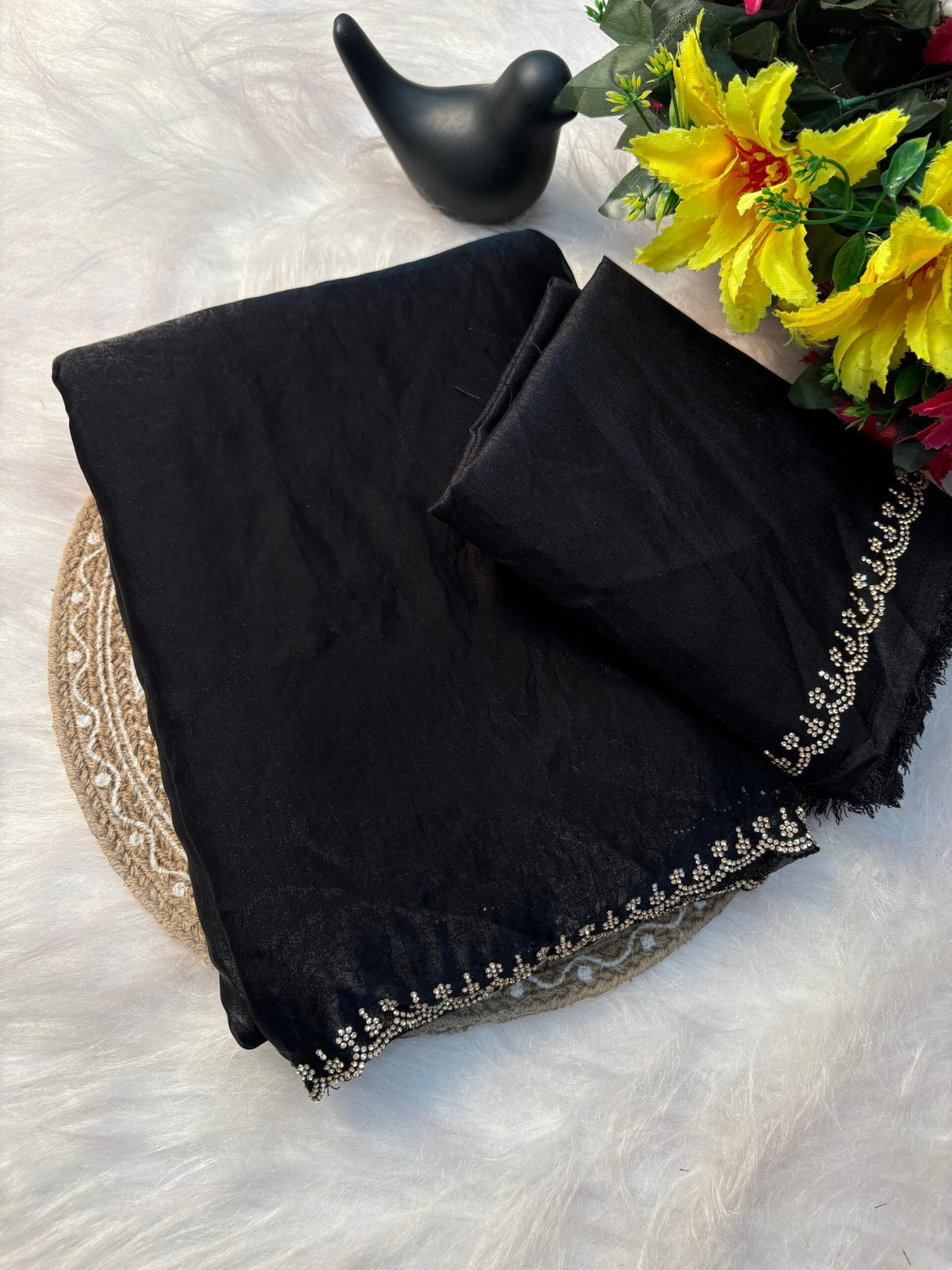 Stunning Pink Satin Space Silk Saree with Original Jarkhan Diamond Work – Perfect for Sangeet & Cocktail Nights image 7