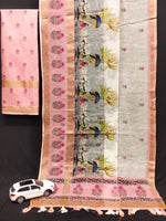 Elegant Gold Linen Saree with 3 Weaving Patta & Digital Print | Latkan Detail | With Blouse image 16