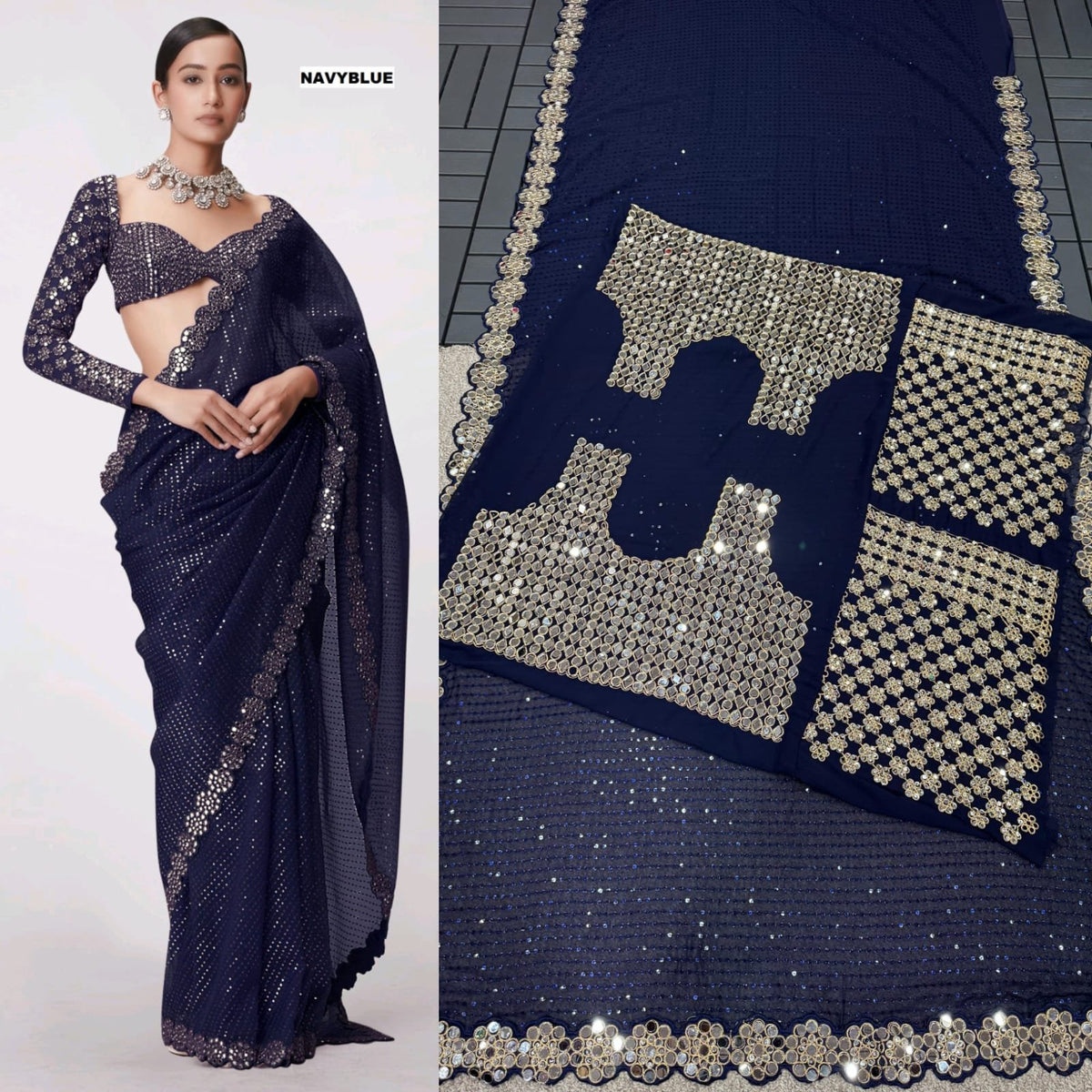 Bollywood Blockbuster Mirror Work Sequin Saree in Faux Georgette image 4