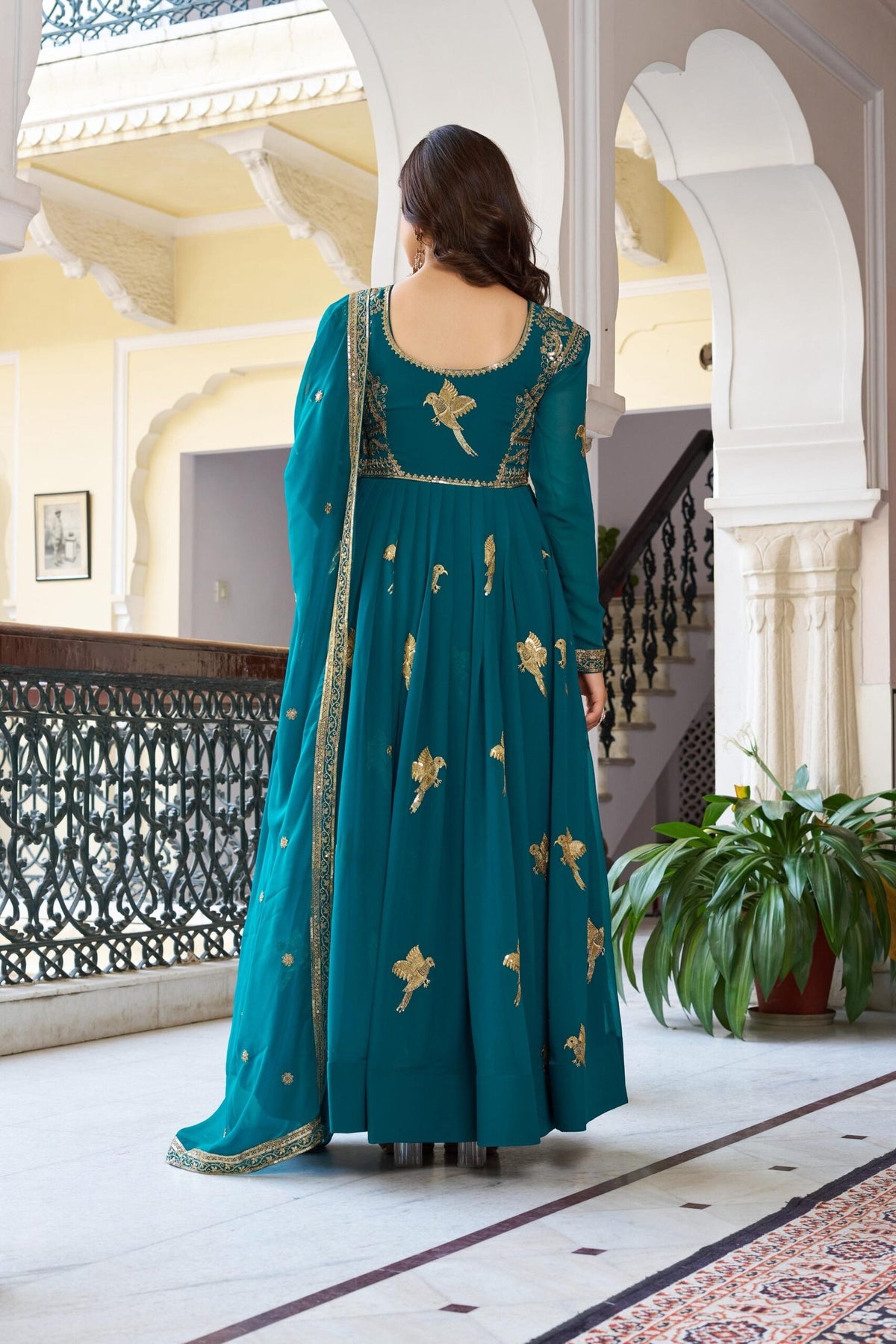 Elegant 3-Piece Faux Georgette Gown Set – Sequins Embellished Gown, Pent & Dupatta image 4
