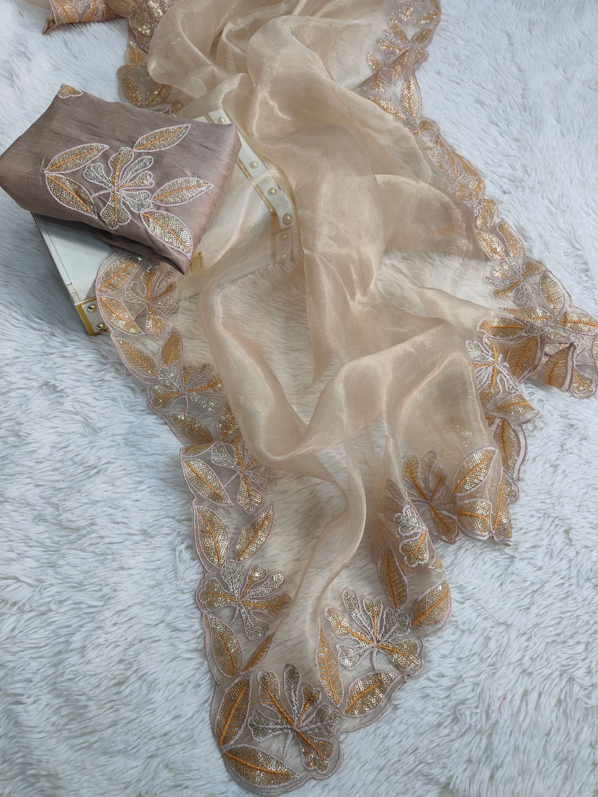 Sindhur Pure Bright Organza Silk Saree with 3mm Sequins Work & Designer Arco Border image 10