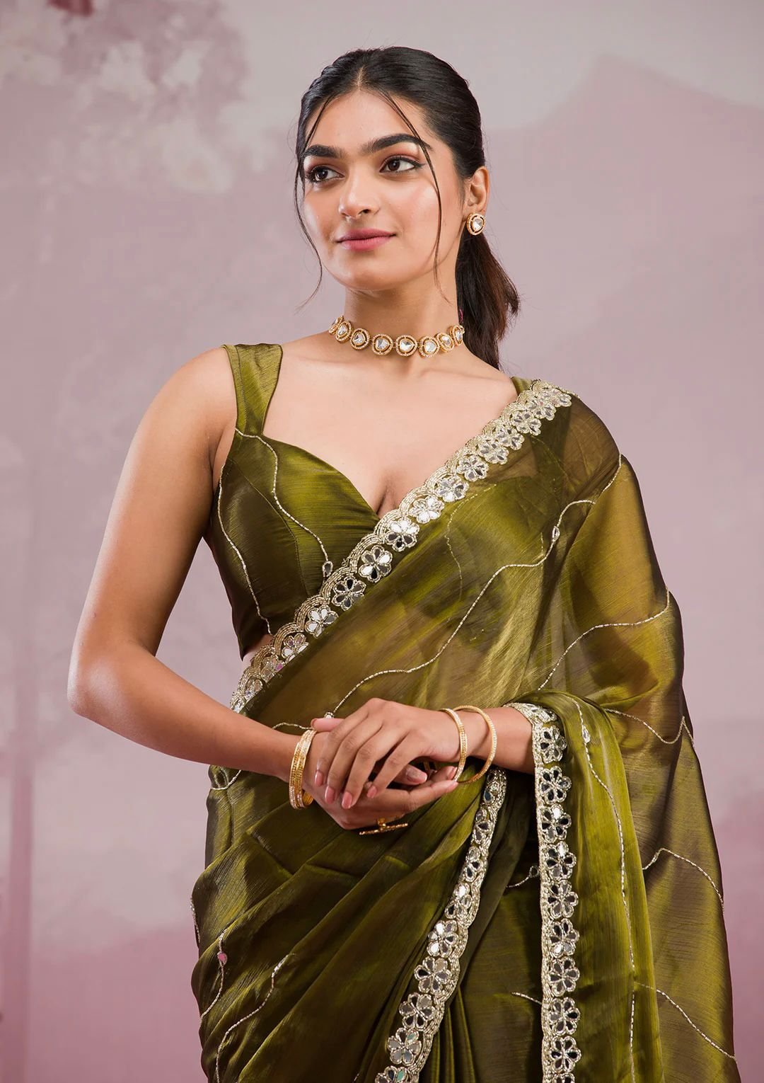 Elegant Burberry Silk Saree with Real Mirror & Embroidery Work - Olive Green image
