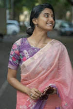 Elegant Linen Saree with Gold Jari Patta & All-Over Digital Print | With Matching Blouse image 1