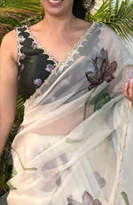 Maskat Pure Soft Tebby Silk Saree with Digital Floral Print & Hand Cutdana-Moti Work image 1