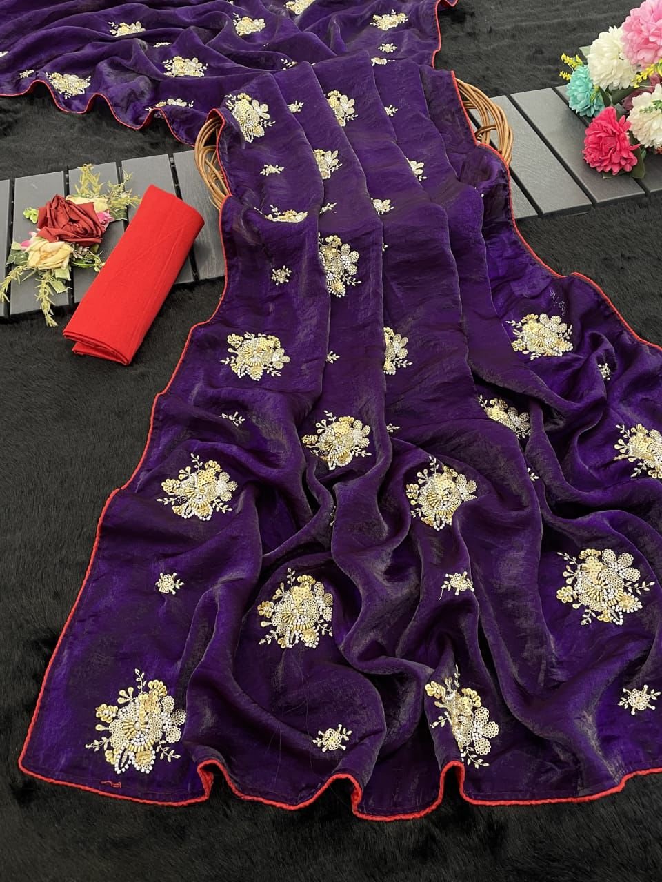 BOXER Jimmy Choo Saree with All-Over Beads & Sequins Butta | Contrast Piping Border & Diamond Satin Blouse | Designer Party Wear image 1
