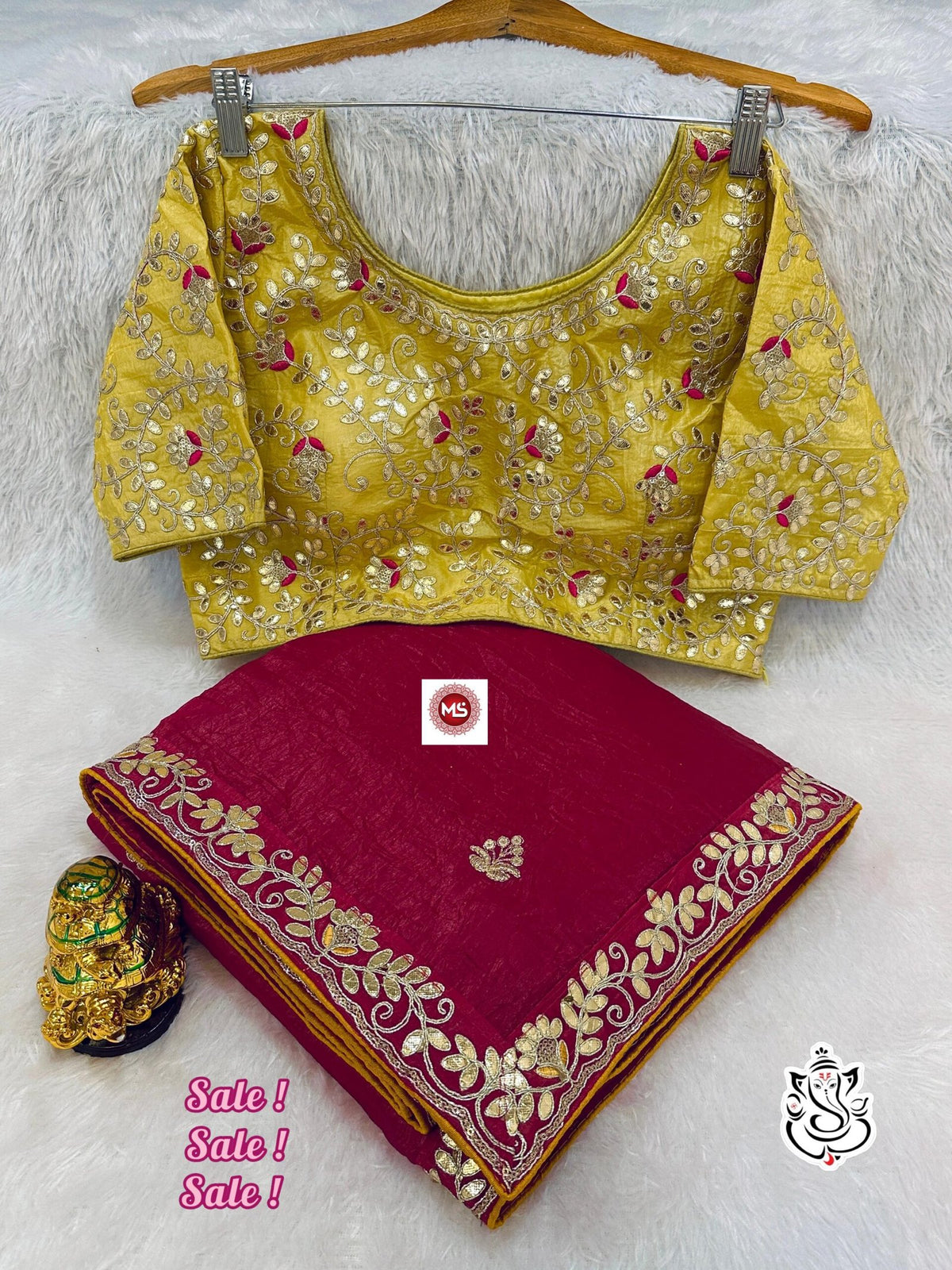 Premium Gold Crush Saree with Rich Gotapatti & Sequence Work + Stitched Blouse - Wine Red image