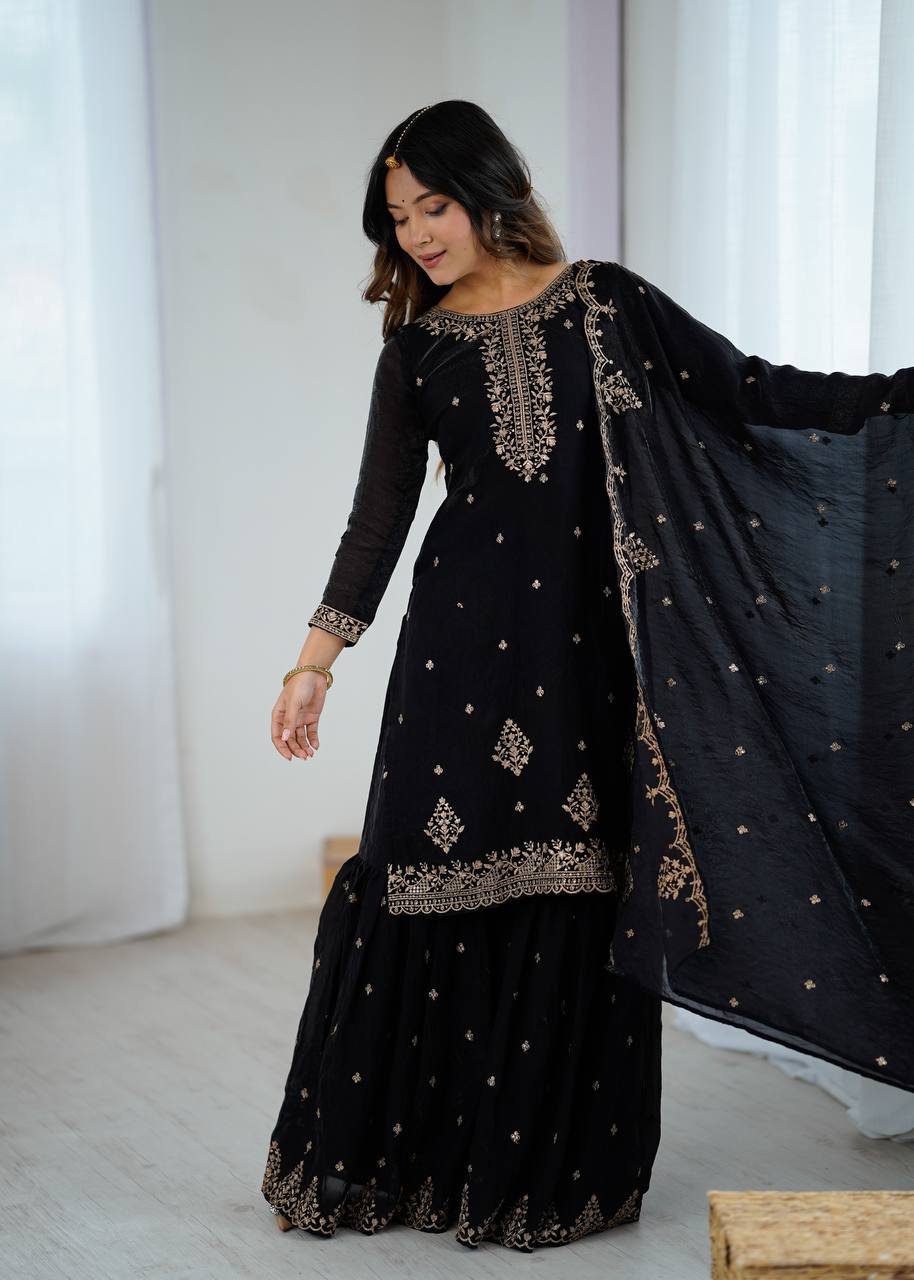 Designer Kediya Kurta & Sharara Set in Soft Crunchy Silk with Embroidery, Jari & Sequin Work image 3