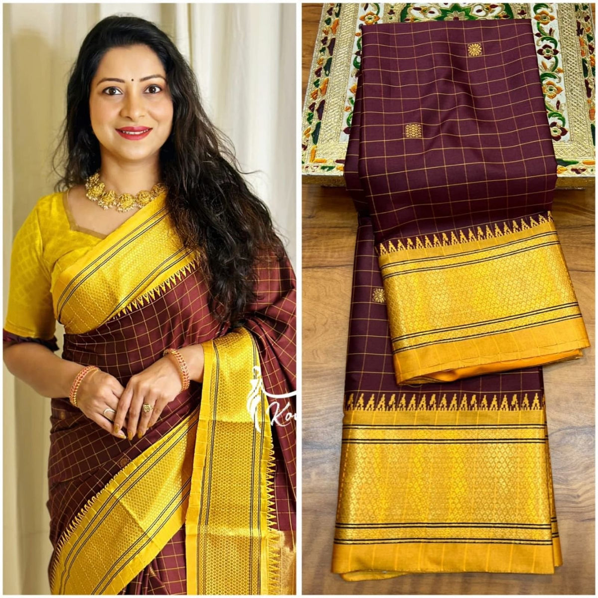 Cotton Checks Minakari Soft Silk Paithani Saree with Contrast Blouse & Tassel Pallu image 9