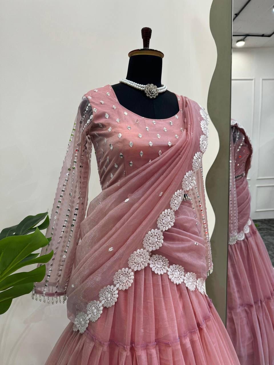 Ready-to-Wear Twill Organza Lehenga Saree with Ruffle Draping & Thread Work image 7