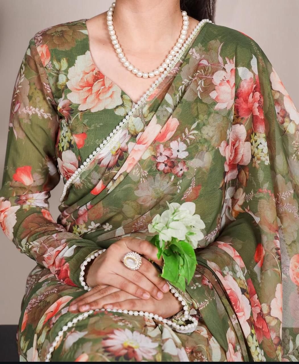 Floral Weightless Marbal Saree with Pearl Lace Border image 0