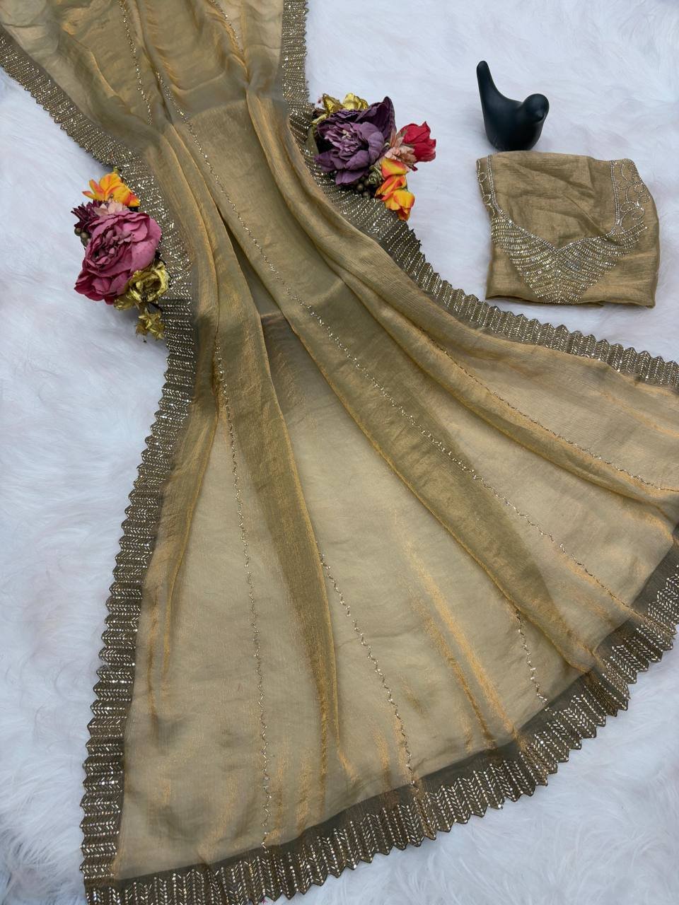 Designer Satin Space Silk Saree with Original Jarkhan Diamond Work – Perfect for Sangeet & Cocktail Parties image 4
