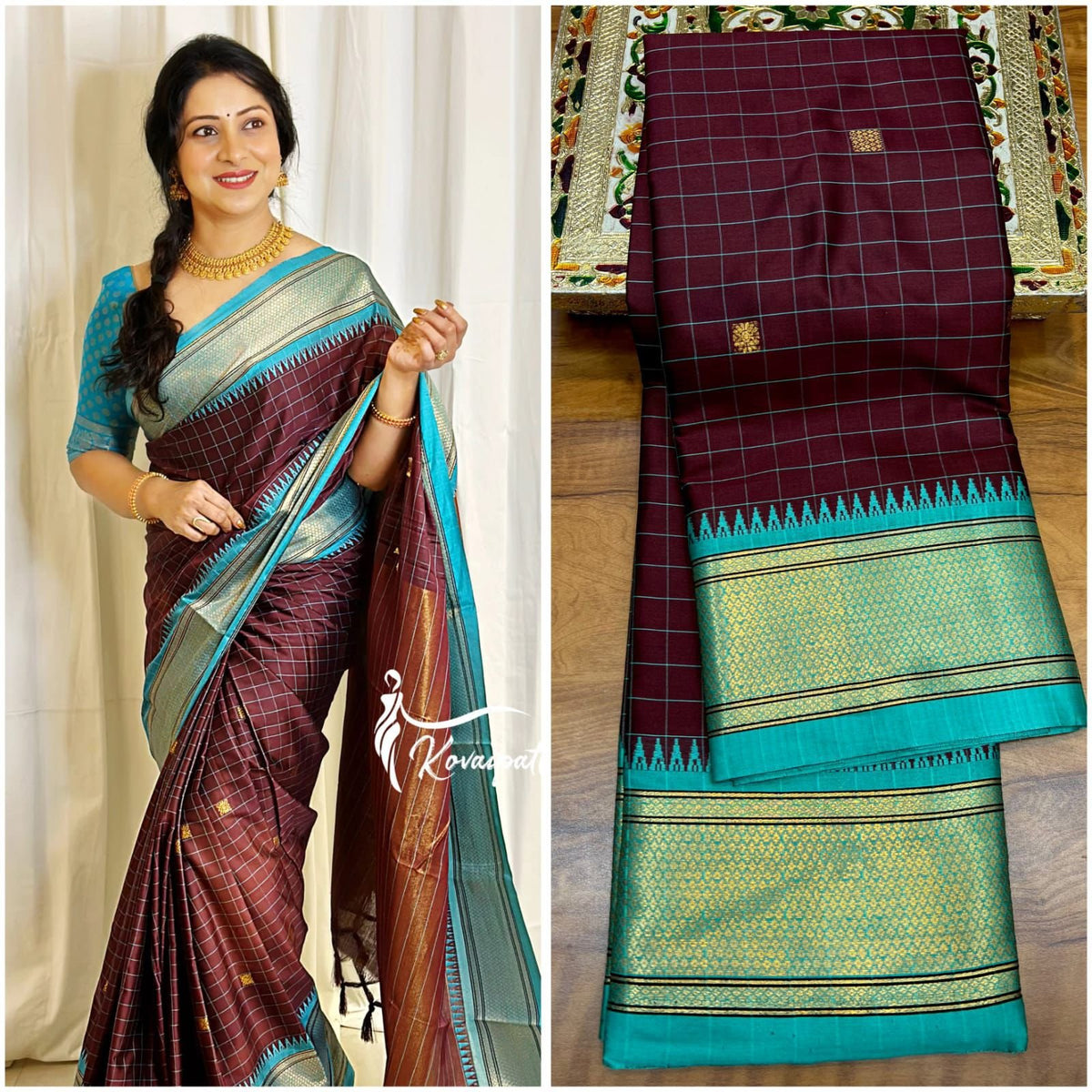 Cotton Checks Minakari Soft Silk Paithani Saree with Contrast Blouse & Tassel Pallu image 3