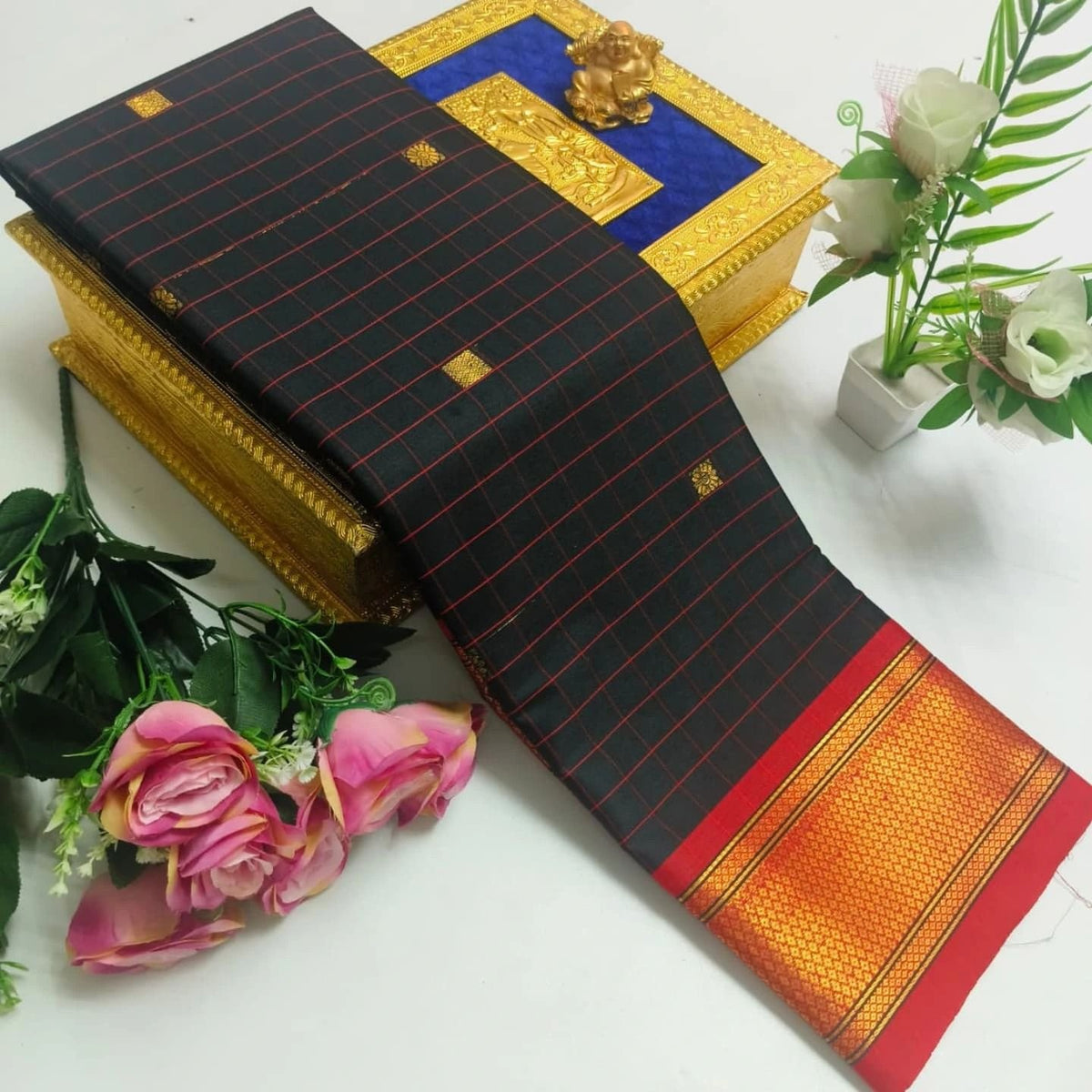 Cotton Checks Minakari Soft Silk Paithani Saree with Contrast Blouse & Tassel Pallu image 7