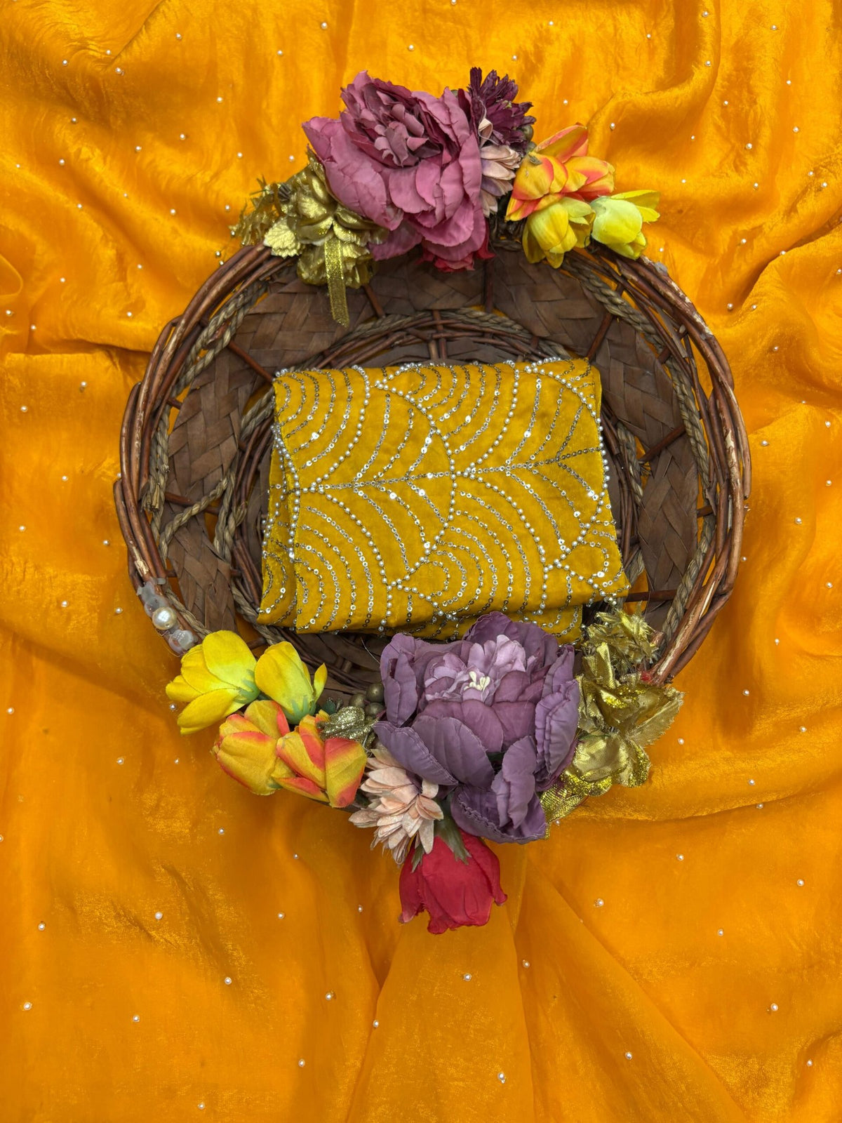 Elegant Space Silk Saree with Moti Work & Full Heavy Bits Work Blouse image 2