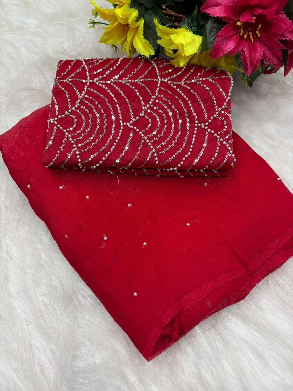 Elegant Space Silk Saree with Moti Work & Full Heavy Bits Work Blouse image 15