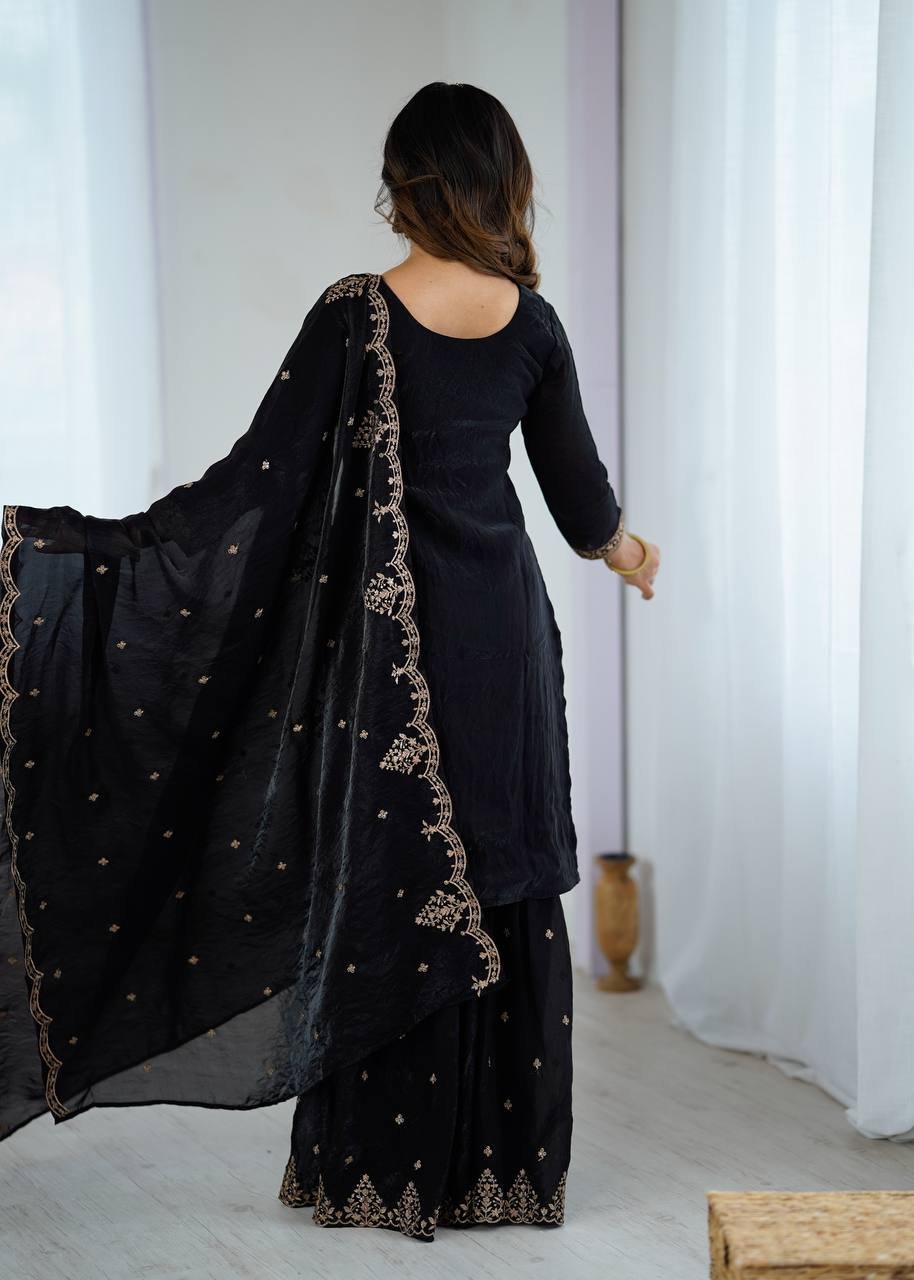 Designer Kediya Kurta & Sharara Set in Soft Crunchy Silk with Embroidery, Jari & Sequin Work image 9