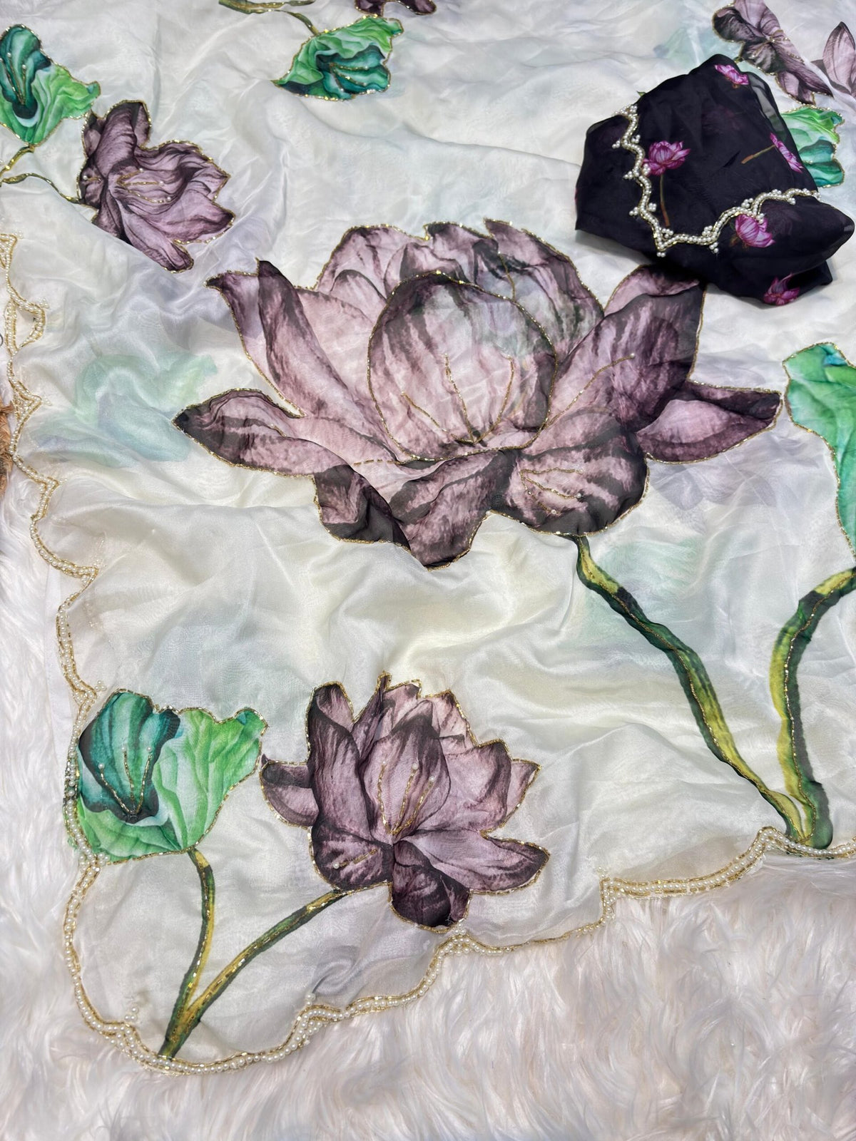 Maskat Pure Soft Tebby Silk Saree with Digital Floral Print & Hand Cutdana-Moti Work image 5