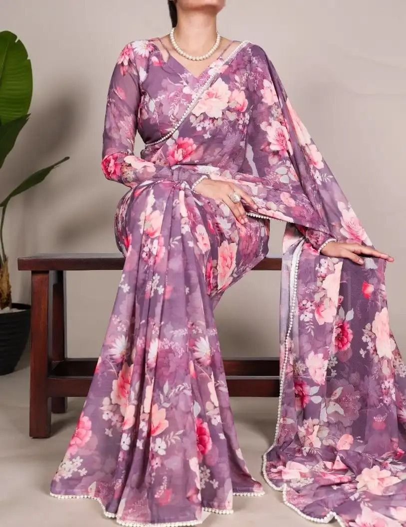 Floral Weightless Marbal Saree with Pearl Lace Border image 11