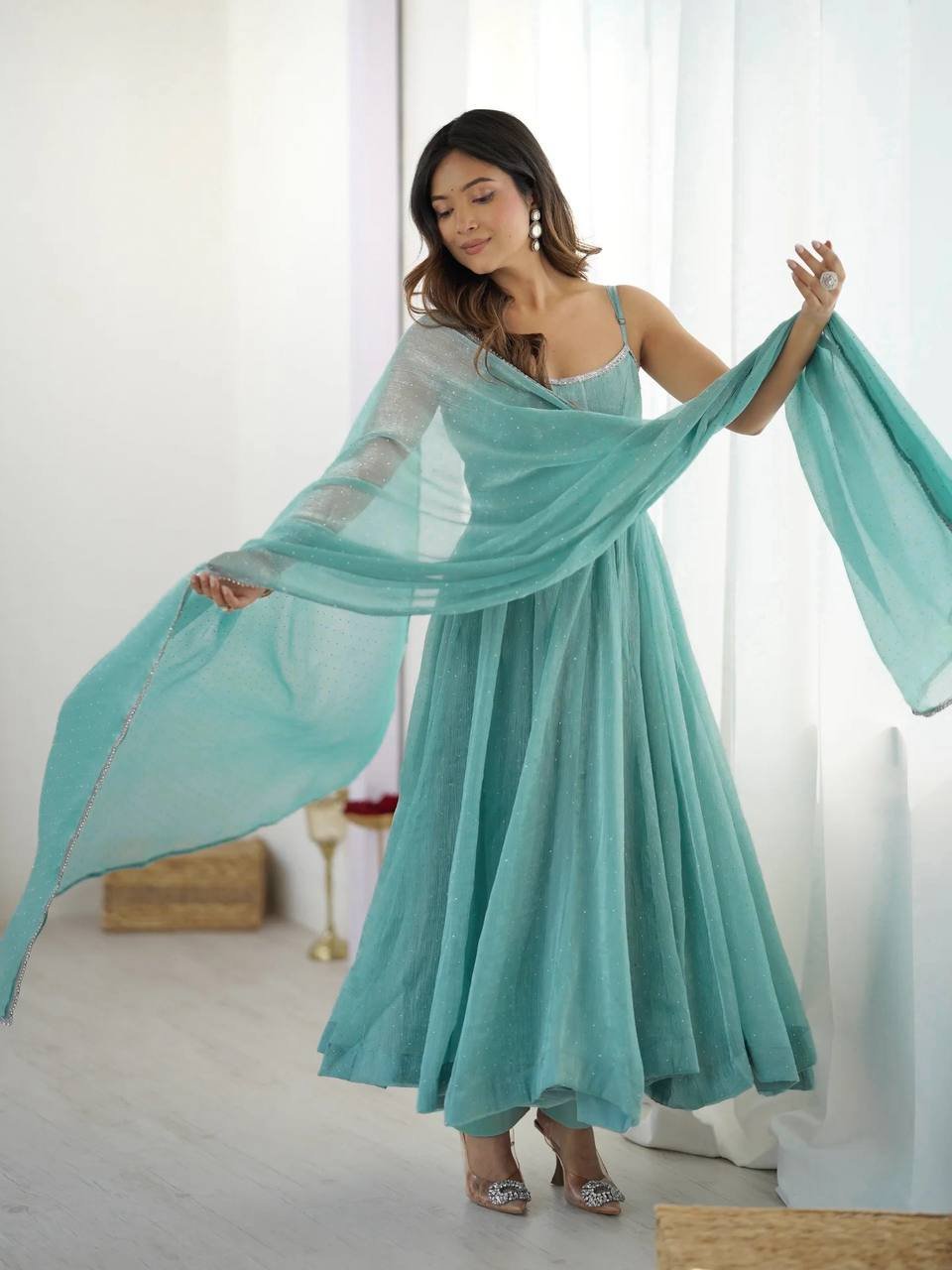 Elegant Crunchy Silk Anarkali Set with Sirozki Work & Dupatta – Fully Stitched image 3