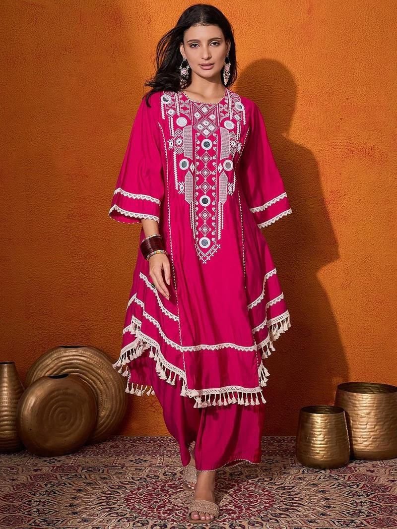 Elegant Reyon Cotton 2-Piece Set with Real Mirror Work - L, Pink image