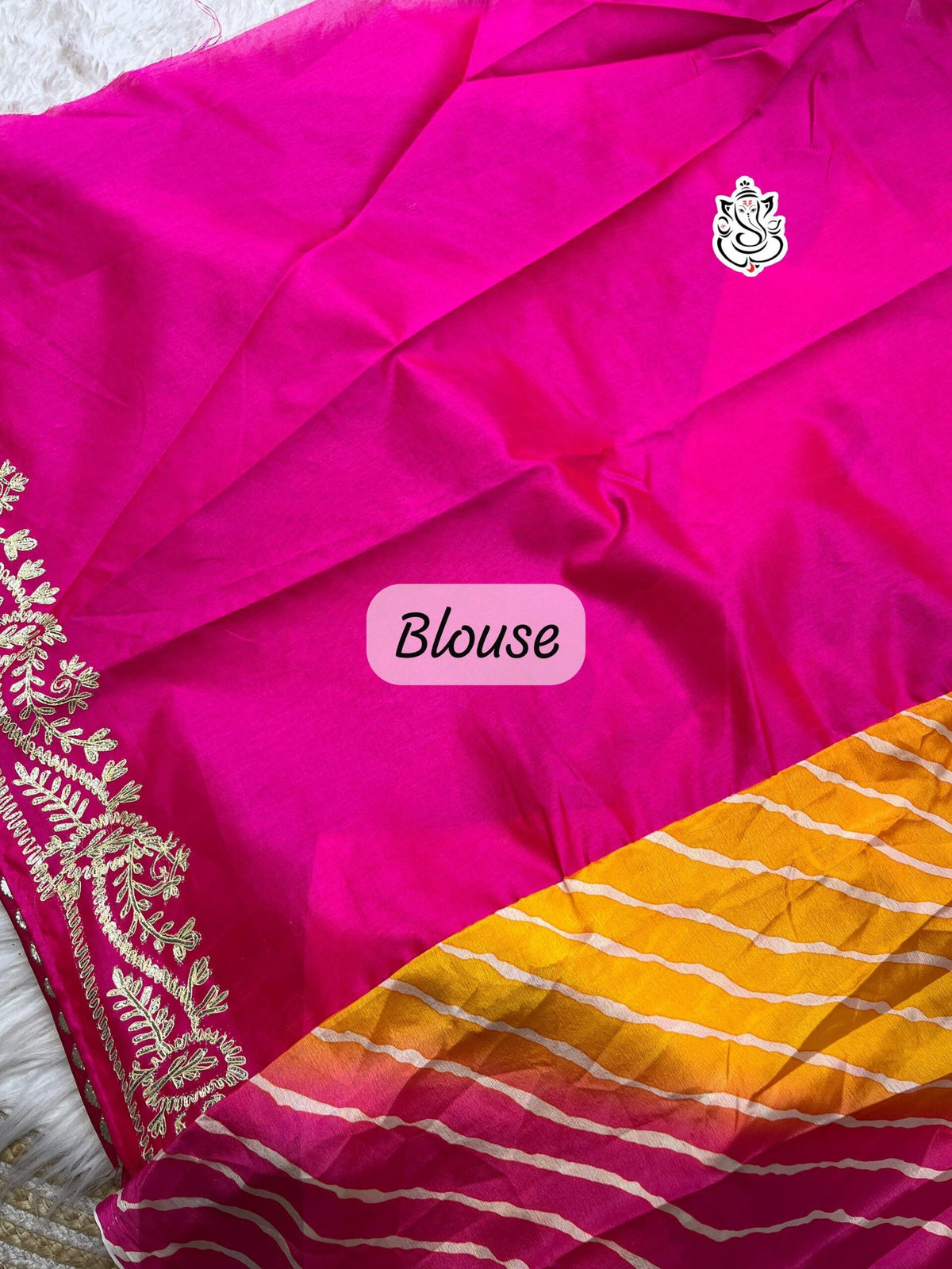 Soft Chinon Silk Leheriya Saree with Heavy Ribbon Gota C Pallu & Butti Work | Designer Mono Work Blouse image 4