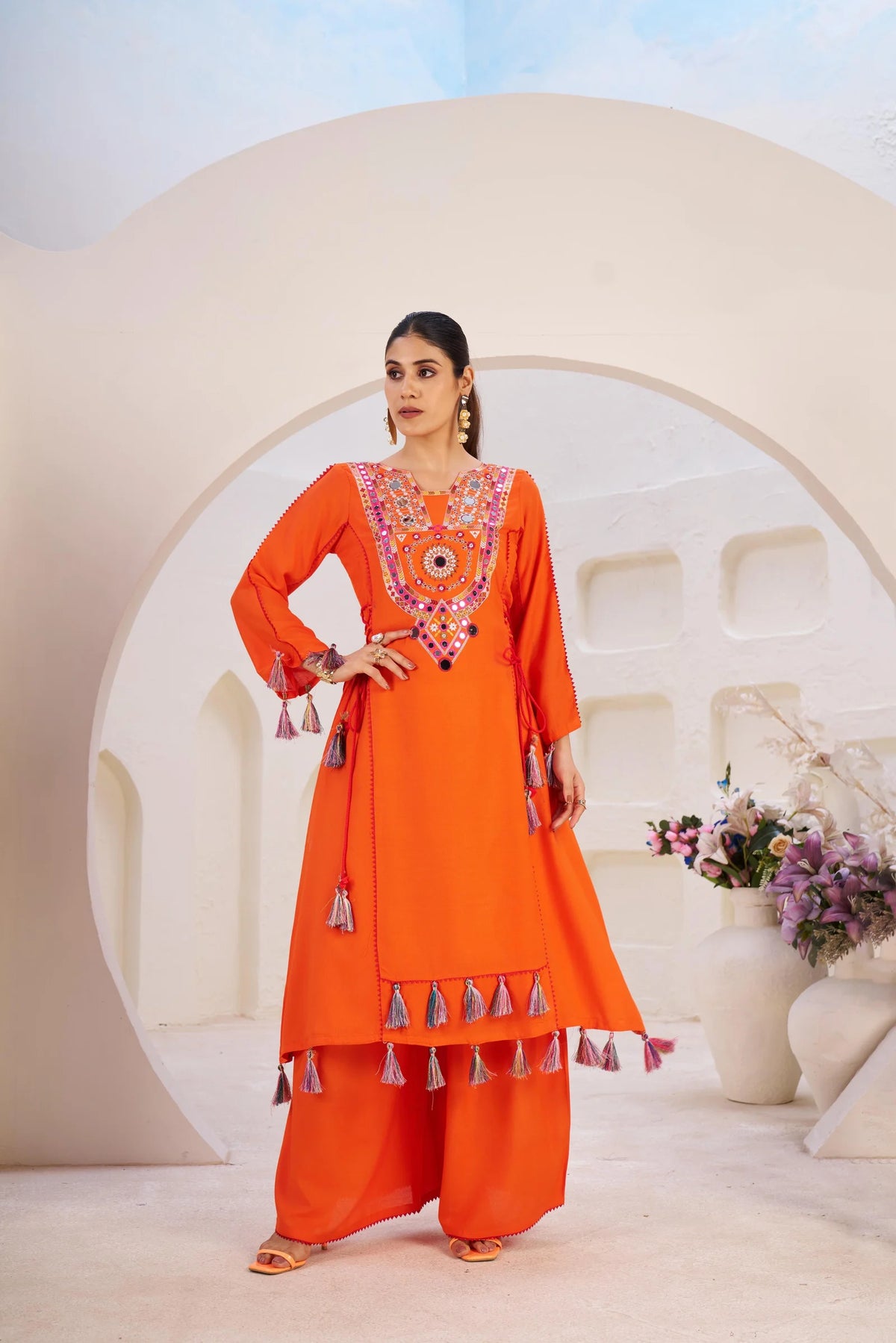 Elegant Reyon Kurti with Palazzo – Thread & Raal Mirror Work with Tassels