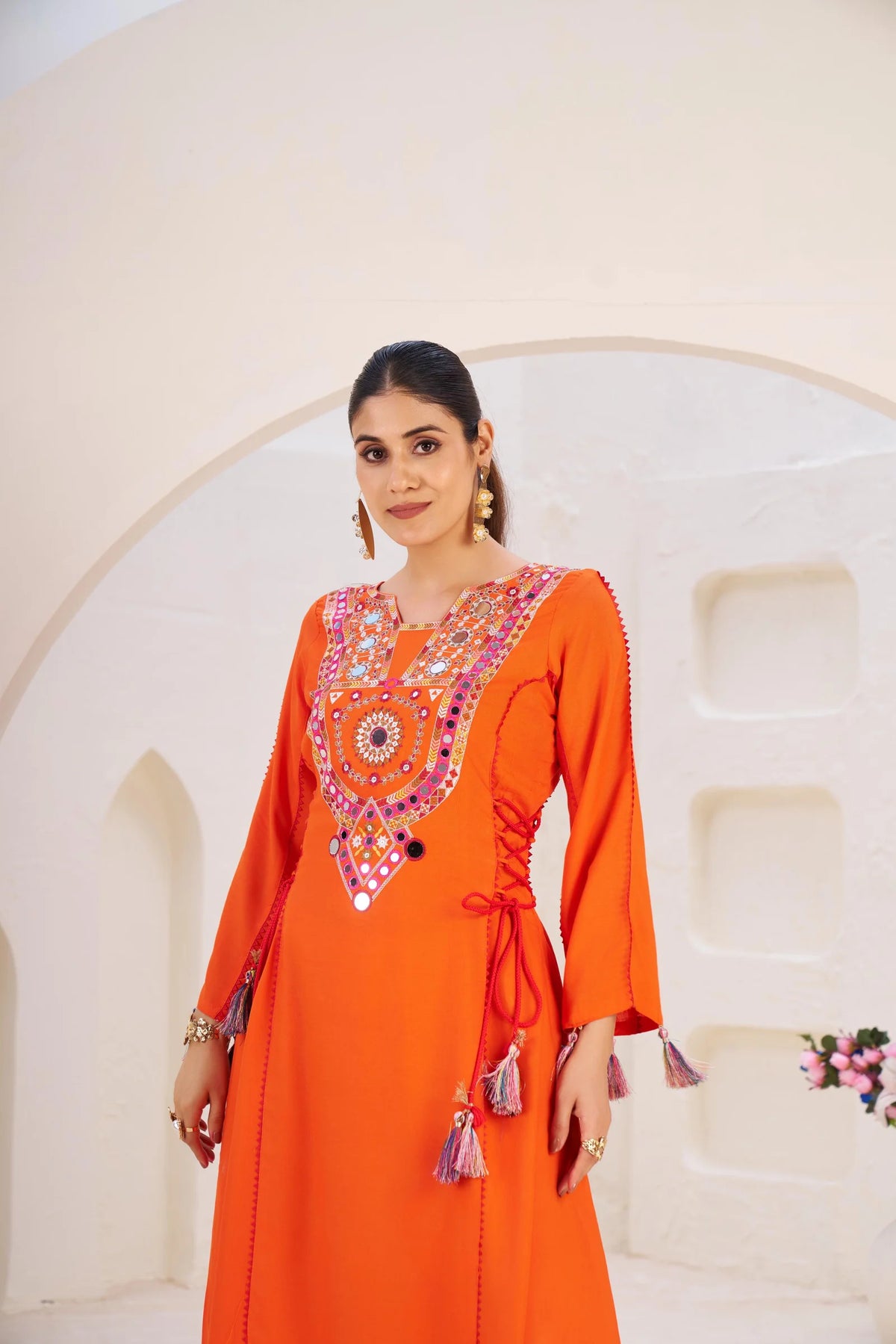 Elegant Reyon Kurti with Palazzo – Thread & Raal Mirror Work with Tassels
