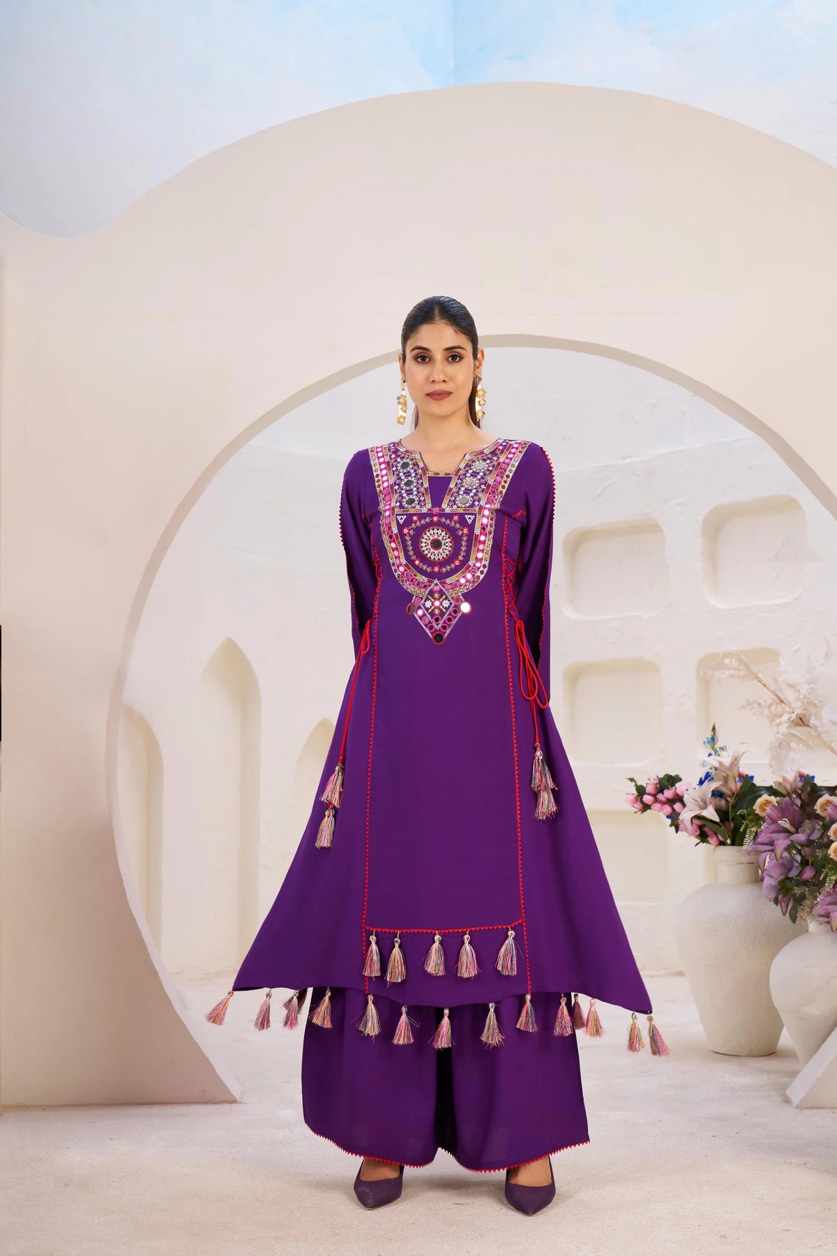 Elegant Reyon Kurti with Palazzo – Thread & Raal Mirror Work with Tassels