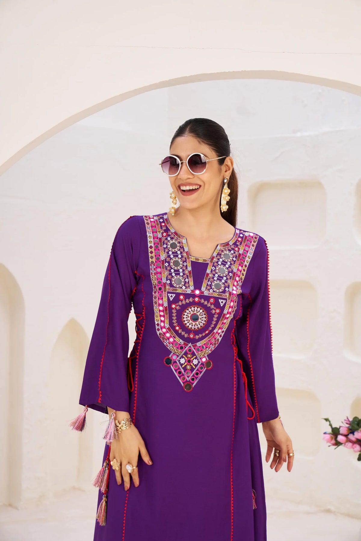 Elegant Reyon Kurti with Palazzo – Thread & Raal Mirror Work with Tassels