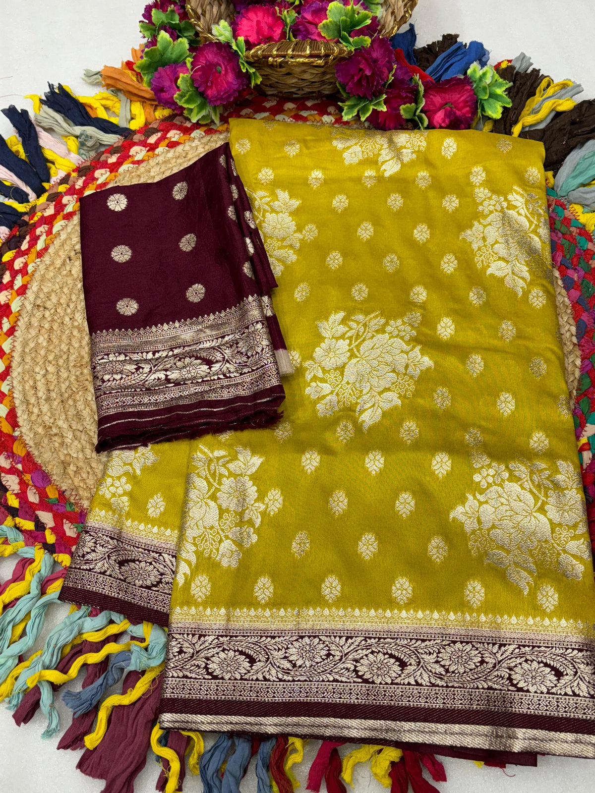 Dola Chap Dye Silk Saree with Contrast Border & Tussels | Patrika Chap | Matching Dola Silk Blouse