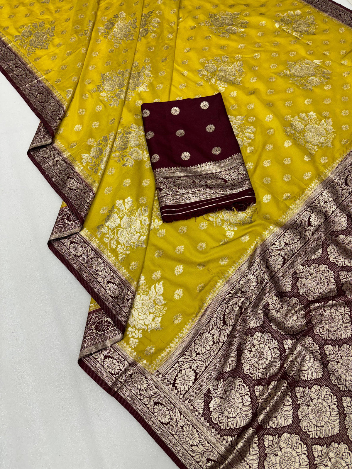 Dola Chap Dye Silk Saree with Contrast Border & Tussels | Patrika Chap | Matching Dola Silk Blouse