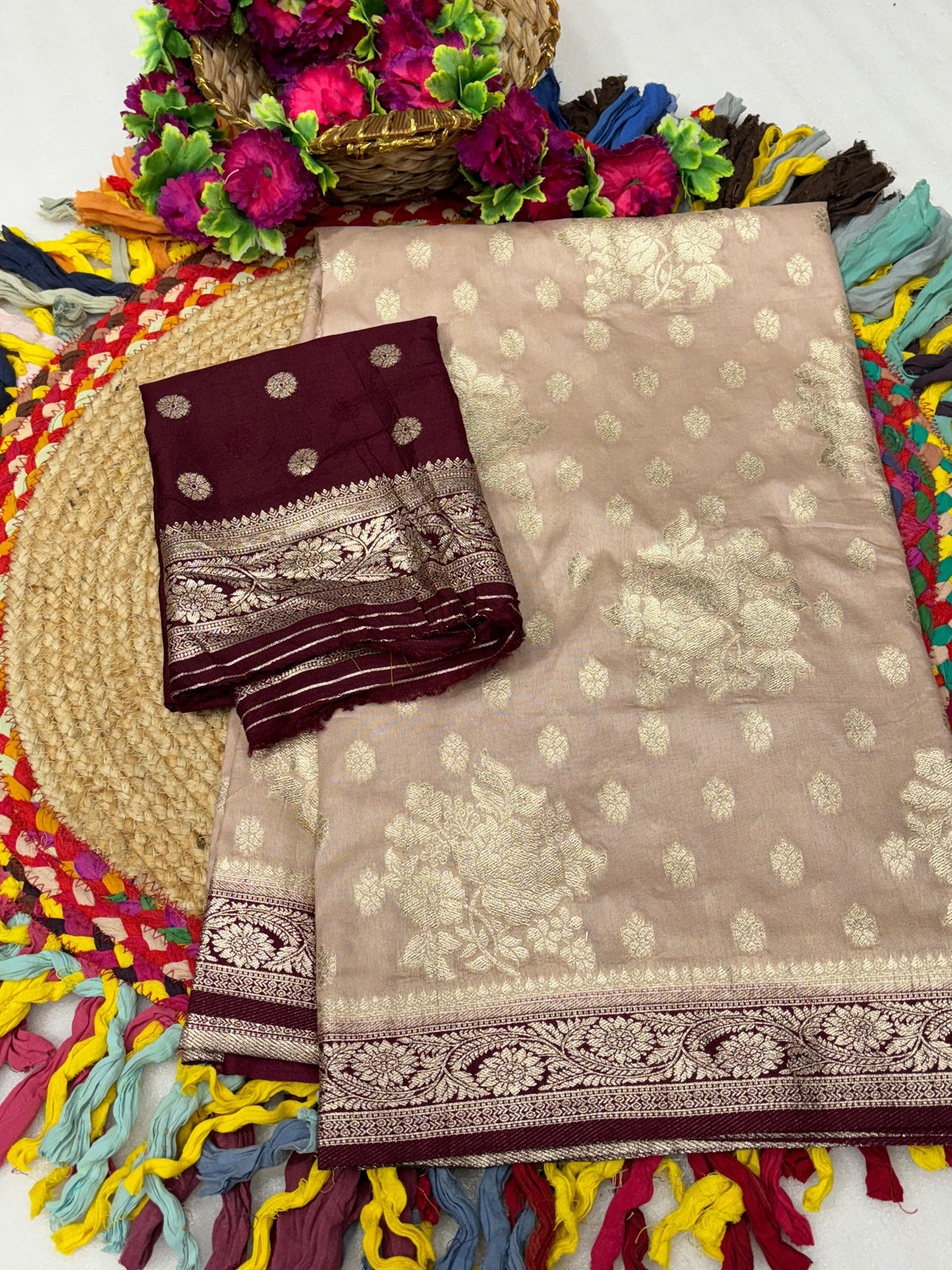 Dola Chap Dye Silk Saree with Contrast Border & Tussels | Patrika Chap | Matching Dola Silk Blouse