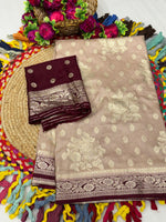 Dola Chap Dye Silk Saree with Contrast Border & Tussels | Patrika Chap | Matching Dola Silk Blouse