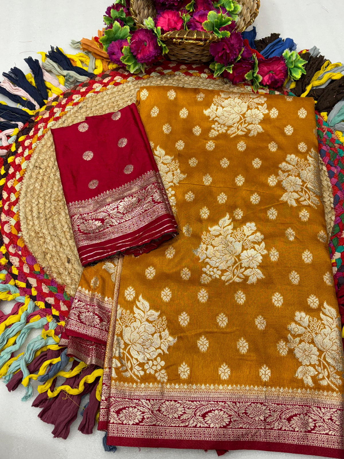 Dola Chap Dye Silk Saree with Contrast Border & Tussels | Patrika Chap | Matching Dola Silk Blouse