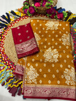 Dola Chap Dye Silk Saree with Contrast Border & Tussels | Patrika Chap | Matching Dola Silk Blouse