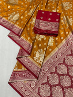 Dola Chap Dye Silk Saree with Contrast Border & Tussels | Patrika Chap | Matching Dola Silk Blouse