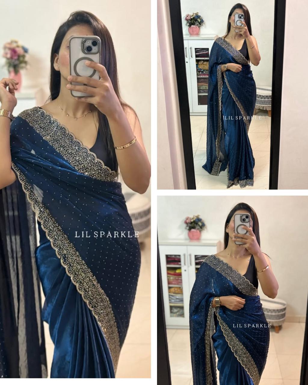 Tamanah Fendi Space Silk Saree with All-Over Jarkhan Work | Running Embroidered Blouse | Designer Party & Festive Wear