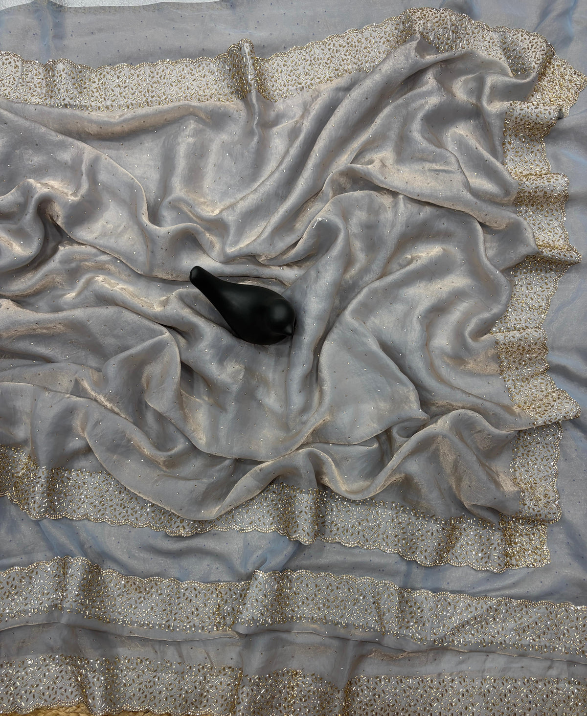 Tamanah Fendi Space Silk Saree with All-Over Jarkhan Work | Running Embroidered Blouse | Designer Party & Festive Wear